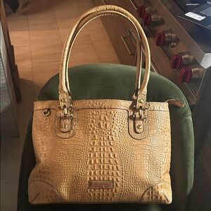 Croc-Embossed Tan Leather Tote Bag by Etienne Aigner